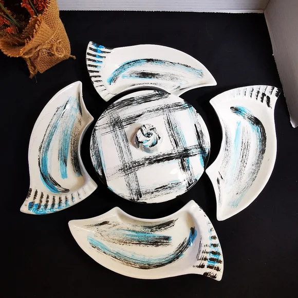 California Pottery Vintage Serving Set Blue and Black Brushstroke Plaid 6 Pieces - Picture 2 of 16